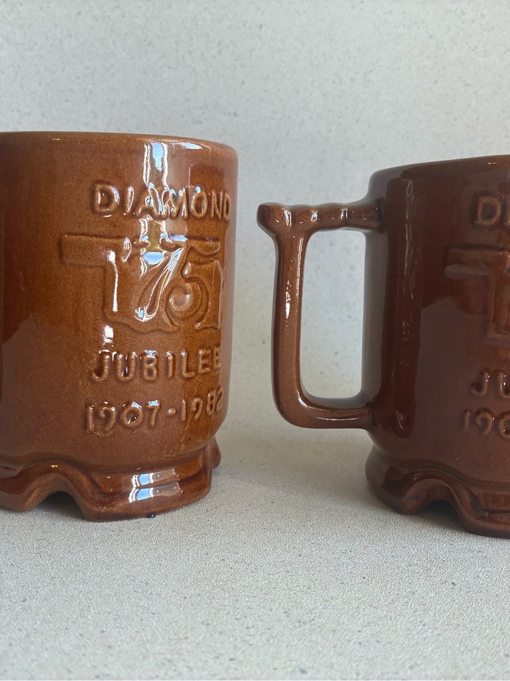 Frankoma Brown Ceramic 75th Jubilee Mug Set